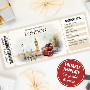 Modelo editável de cartão de embarque para Londres, bilhete de embarque em aquarela surpresa para Londres, passagem aérea falsa para Londres, download instantâneo