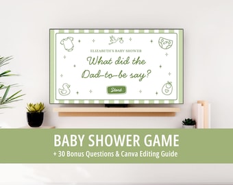 May include: A digital baby shower game displayed on a television screen with a green and white checkered border. The text reads ELIZABETH'S BABY SHOWER, What did the Dad-to-be say?, and a Start button, surrounded by icons of a onesie, stork, diaper, duck, and bib.