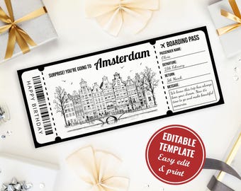 Boleto de regalo sorpresa para viaje a Ámsterdam, plantilla editable de tarjeta de embarque para Ámsterdam, billete de avión imprimible para los Países Bajos, blanco y negro.