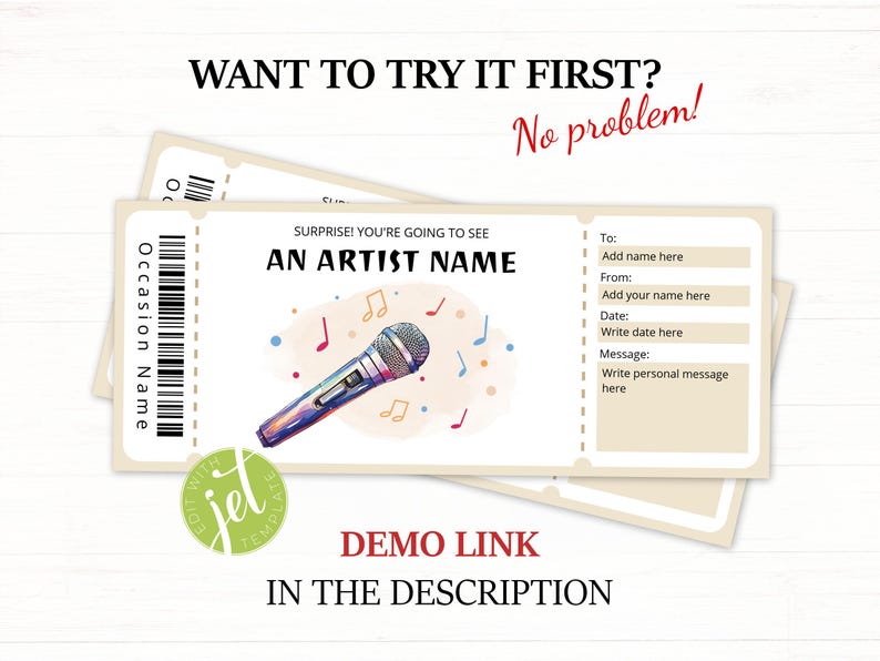 Editable Band Ticket Template for Music Lovers, Printable Concert Gift ...