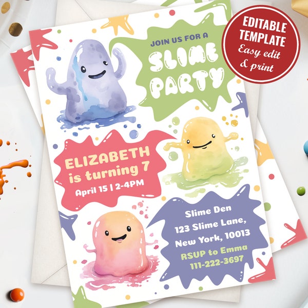 Editable Slime Party Invitation Template, Slime Birthday Invitation, Slime Party Invite, Slime Theme Birthday Party Instant Download