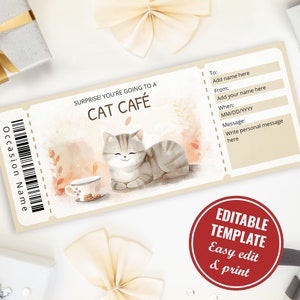 Könnte beinhalten: Eine druckbare Geschenkgutschein-Vorlage für ein Katzencafé. Die Vorlage zeigt eine Comic-Katze mit einer Tasse Kaffee und dem Text "Überraschung! Du gehst in ein Katzencafé".