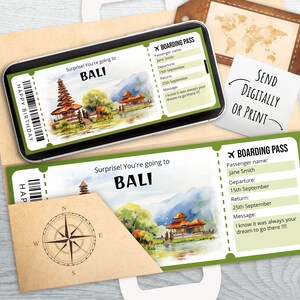 Surprise BALI Trip Reveal Gift Ticket Template - Indonesia Bali Boarding Pass, Watercolor Printable & Editable Plane Ticket Instant Download