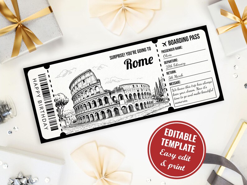 Rome Editable Ticket Template, Rome Surprise Trip Reveal Gift ...