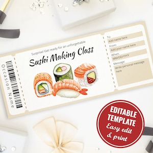 Bearbeitbare Sushi-Herstellungsklasse-Geschenkgutscheinvorlage für Sushi-Liebhaber, druckbare Sushi-Lektionsgutscheine, Sushi-Klassen-Coupon, Sofort-Download