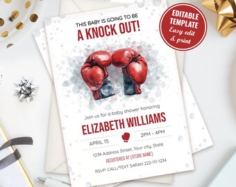 Op de afbeelding: Een witte babyborrel uitnodiging met een aquarel illustratie van rode bokshandschoenen. De tekst luidt "This baby is going to be a knock out!" en bevat de naam "Elizabeth Williams" en de datum "April 15".