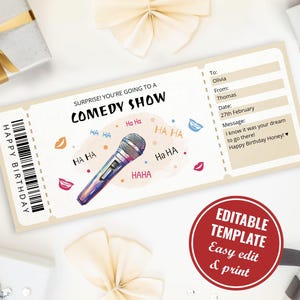 Lustige Comedy Show Geschenkgutschein Vorlage für Comedy Liebhaber, bearbeitbare und druckbare Überraschung Stand Up Comedy Ticket, Instant Download