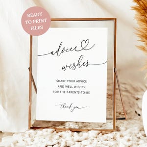 May include: A rectangular sign in a copper-colored metal frame featuring black text on a white background. The text reads advice wishes, Share your advice and well wishes for the parents-to-be, and thank you. A pink circular badge says READY TO PRINT FILES.