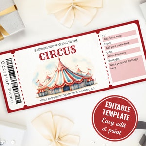 Überraschung Zirkus Geschenkgutschein Vorlage, anpassbare und druckbare Karneval Ticket Vorlage, Instant Download