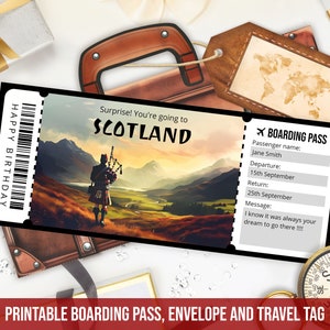 Plantilla de tarjeta de embarque editable para Escocia, plantilla de boleto de viaje a Escocia imprimible y personalizada con sobre, descarga instantánea
