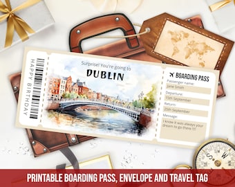 Editable Dublin boarding pass template, Personalized Gift Printable Dublin trip in Ireland ticket template with envelope, Instant Download