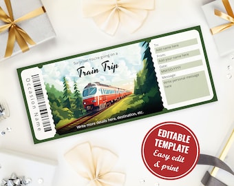 May include: A green and white printable train ticket template with the text "Surprise! You're going on a Train Trip". The ticket has a barcode, space for the occasion name, and a cartoon image of a red train traveling through a forest. The text "To:", "From:", "Date:", and "Message:" are included with blank lines for personalization. The text "Editable Template Easy edit & print" is at the bottom of the ticket.