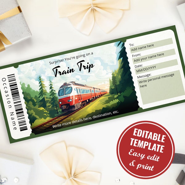 Plantilla editable de billete de tren, plantilla de revelación de vale de regalo sorpresa de billete de tren, descarga digital