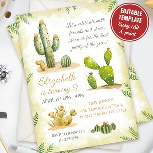 Modello modificabile per invito di compleanno a tema piante, invito per festa in terrario, invito per festa per amanti delle piante, tema cactus e succulente, download immediato