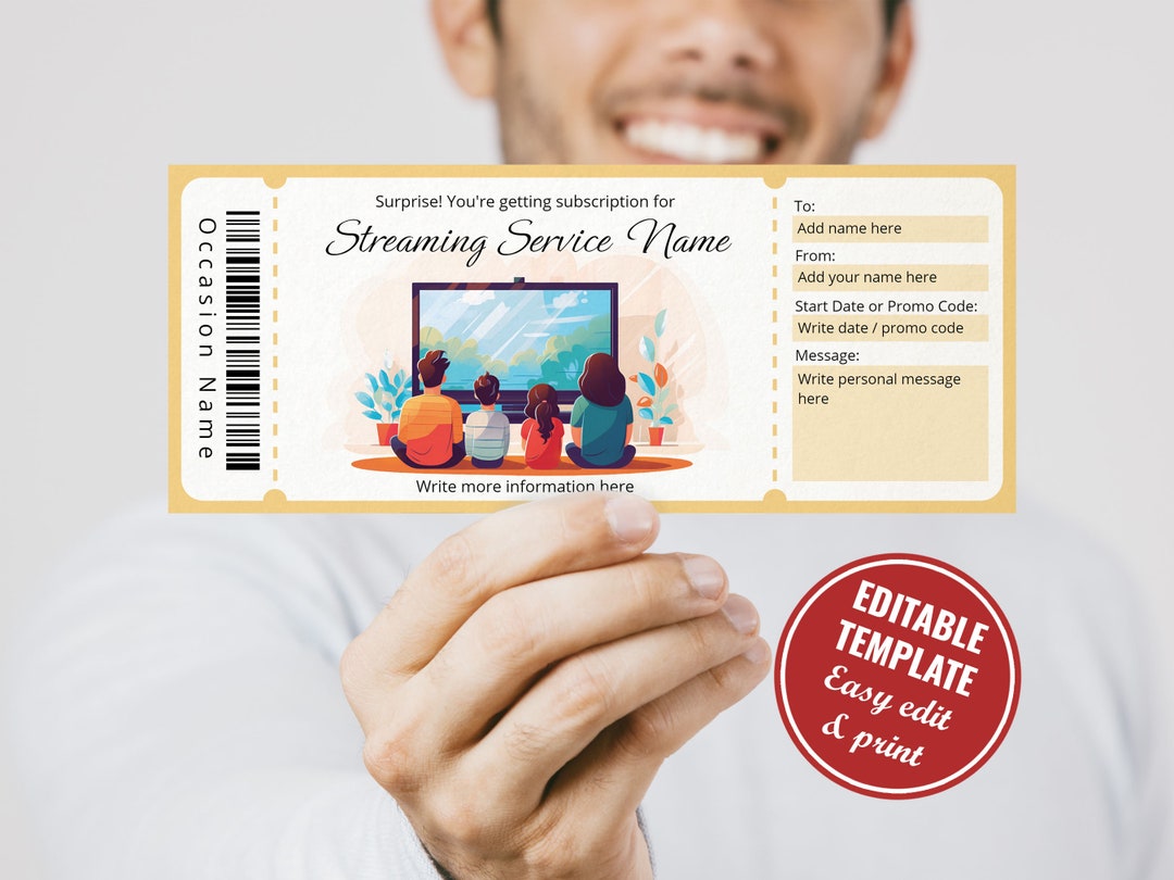 Editable Movie Streaming Subscription Gift Card Template, Surprise ...