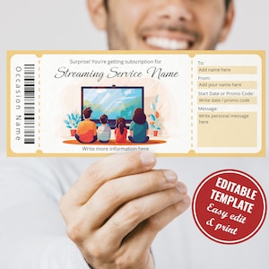 Modelo de vale-presente de assinatura de streaming de filme editável, voucher para impressão de serviços de streaming de TV surpresa, download para impressão em casa