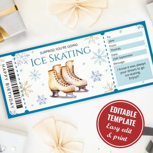 Modello modificabile di buono regalo per pattinaggio sul ghiaccio, biglietto di pattinaggio sul ghiaccio stampabile personalizzato, download immediato