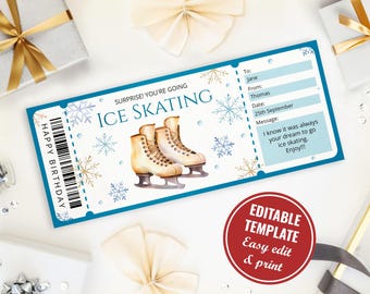 May include: A printable ice skating ticket template with a blue and white background. The ticket features a watercolor illustration of ice skates and snowflakes. The text on the ticket reads "Surprise! You're going ice skating." and "Happy Birthday".