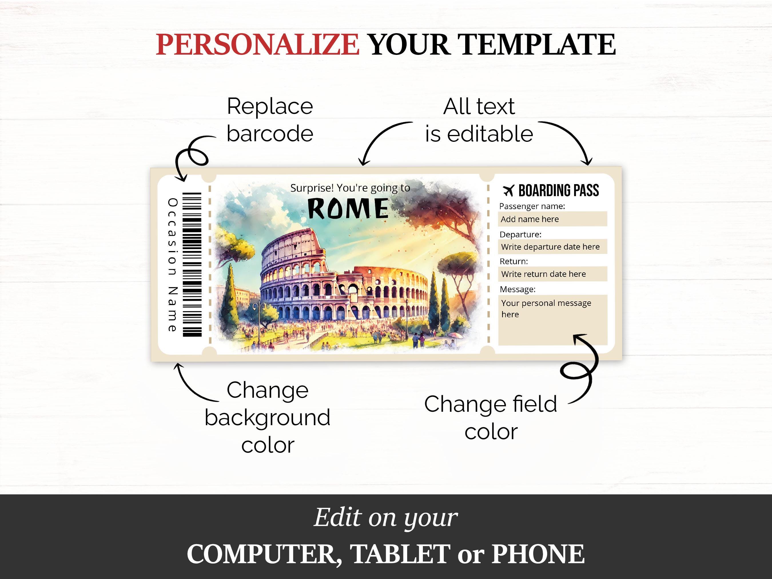Editable Rome Boarding Pass Template, Surprise Rome Trip Reveal Ticket ...