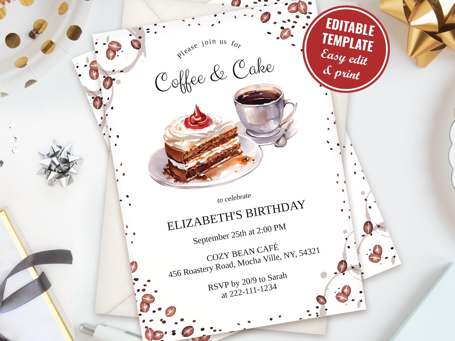 Editable Coffee and Cake Birthday Invitation Template, Café Party ...
