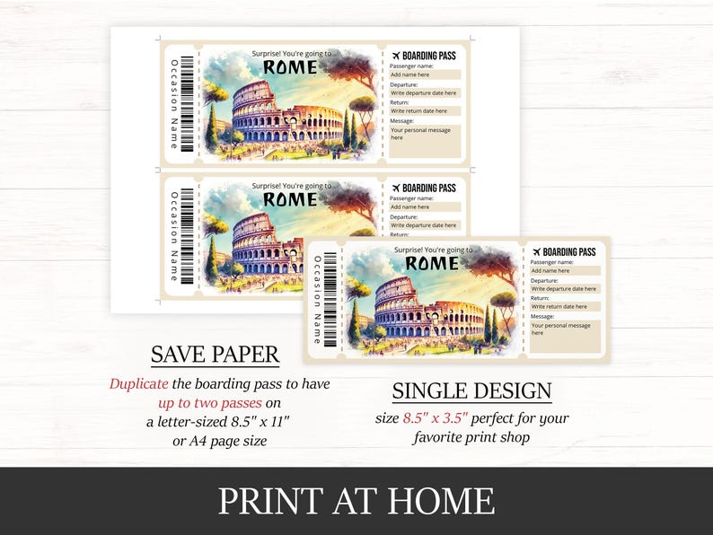 Editable Rome Boarding Pass Template, Surprise Rome Trip Reveal Ticket ...
