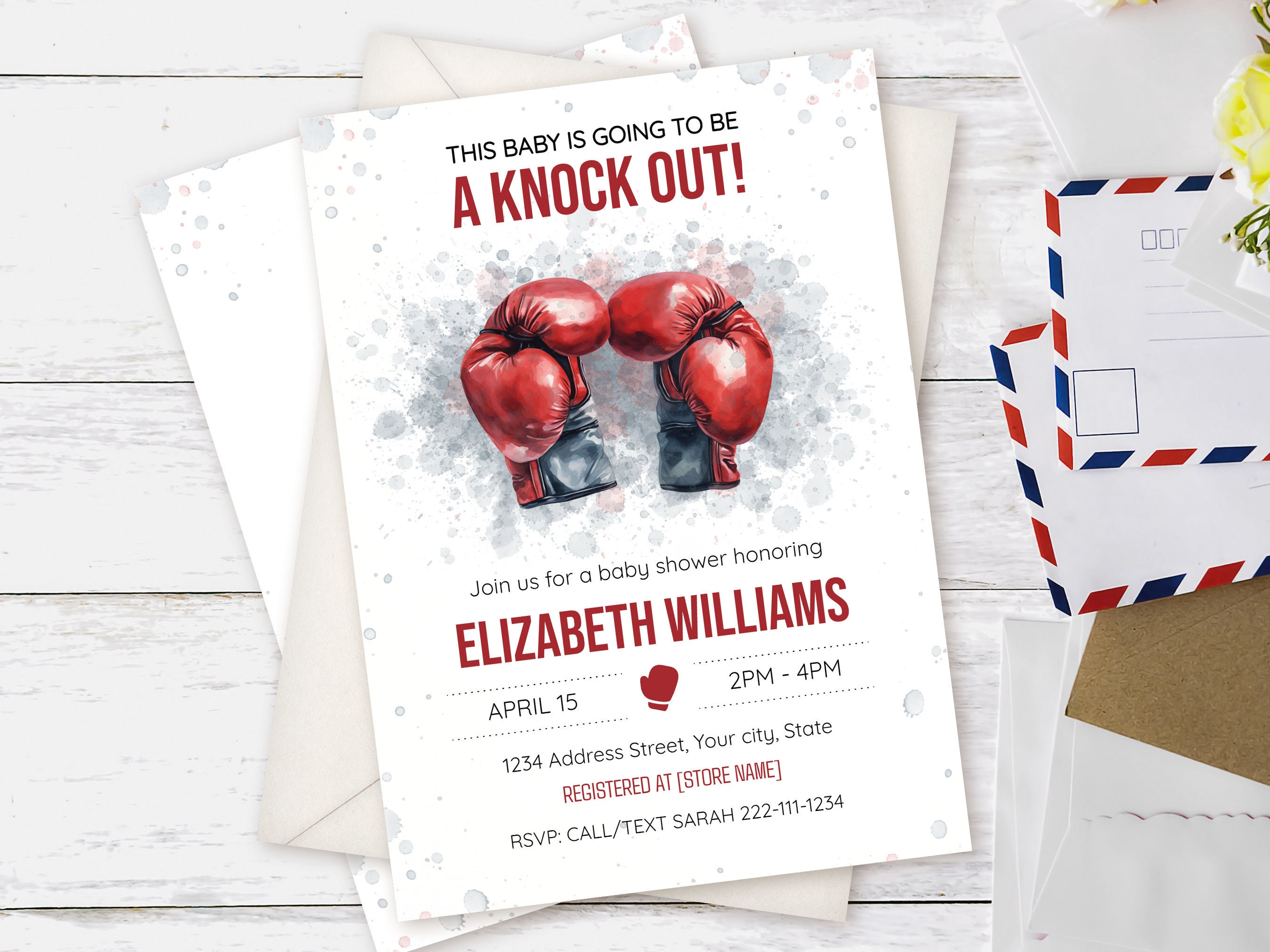 Editable Boxing Baby Shower Invitation Template, Elegant Watercolor ...