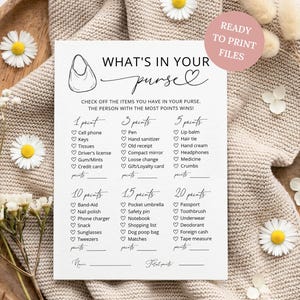 May include: A white rectangular game card titled WHAT'S IN YOUR PURSE with a black line drawing of a handbag. The card lists various items categorized by point values from 1 to 20, with checkboxes next to each item and a pink circle reading READY TO PRINT FILES.