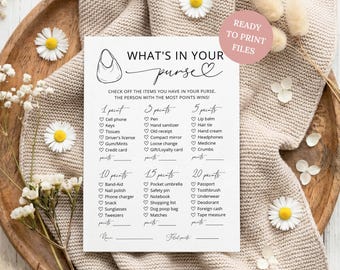 Druckbare, was ist in Ihrer Handtasche Spiel Karte, minimalistischen Spaß Baby Shower Spiel Geldbörse Schnitzerei Jagd digitaler Download M01