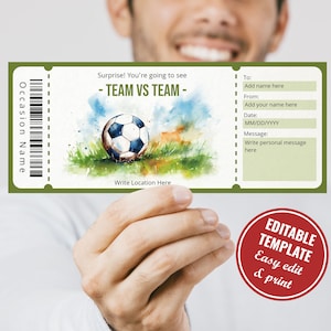 Plantilla de certificado de regalo de juego de fútbol de acuarela personalizable e imprimible, cupón de boleto de juego de fútbol, descarga instantánea