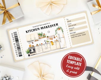 Bewerkbare cadeaubonsjabloon keukenrenovatie, afdrukbare verrassing keuken make-over onthulling, digitale download