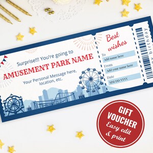Bearbeitbarer Vergnügungspark-Geschenkgutschein zum sofortigen Download, druckbare Freizeitpark-Geschenkgutscheinkarte, Karnevalüberraschungsgeschenkgutschein, P001