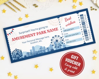 Editable Amusement park Gift Certificate for Instant Download, Printable Theme park Gift Voucher Ticket, Carnival Surprise Gift Voucher,P001