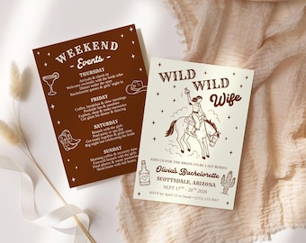 May include: Two rectangular event cards with brown and cream color schemes. One card lists weekend events with western icons like a cowboy hat and boots. The other card features a cowgirl on a horse, a cactus, and text reading Wild Wild Wife.