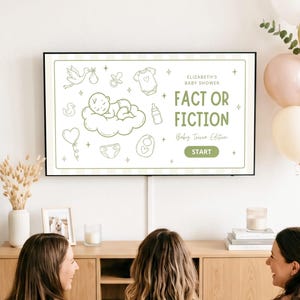 Könnte beinhalten: Ein digitaler Fernsehbildschirm zeigt ein Babyparty-Quizspiel mit dem Titel Elizabeth's Baby Shower Fact or Fiction Baby Trivia Edition. Der Bildschirm zeigt olivgrüne Strichzeichnungen eines Babys auf einer Wolke, eines Storchs und einer Babyflasche.