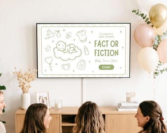 May include: A digital television screen displays a baby shower trivia game titled Elizabeth's Baby Shower Fact or Fiction Baby Trivia Edition. The screen features olive green line art of a baby on a cloud, a stork, a bottle, and a diaper.