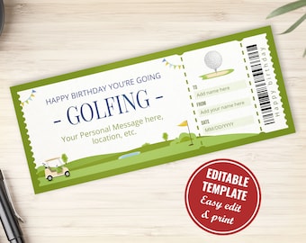Surprise Printable Golf Ticket Voucher Template, Golf Birthday Gift Certificate, Editable Instant Download Golf Coupon, A001