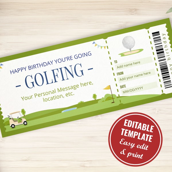 Surprise Printable Golf Ticket Voucher Template, Golf Birthday Gift Certificate, Editable Instant Download Golf Coupon, A001