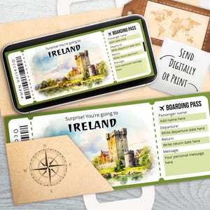 Modèle de billet cadeau voyage IRLANDE surprise - carte d'embarquement personnalisée - aquarelle imprimable et modifiable billet d'avion, téléchargement immédiat