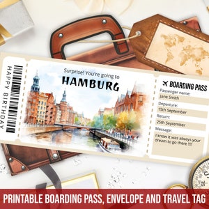 Bearbeitbare Hamburg Bordkartenvorlage, personalisiertes Geschenk druckbare Hamburg Reiseticketvorlage mit Umschlag, Sofort Download