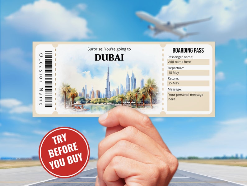 Editable Dubai Boarding Pass Template, Watercolor Surprise Dubai Trip