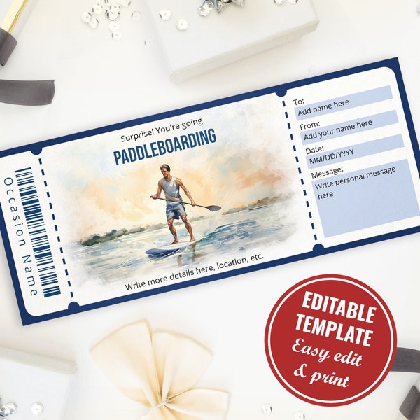 Paddleboarding Ticket Voucher Template for him, Editable Watercolor Paddle Board Gift Voucher Template, Instant Download