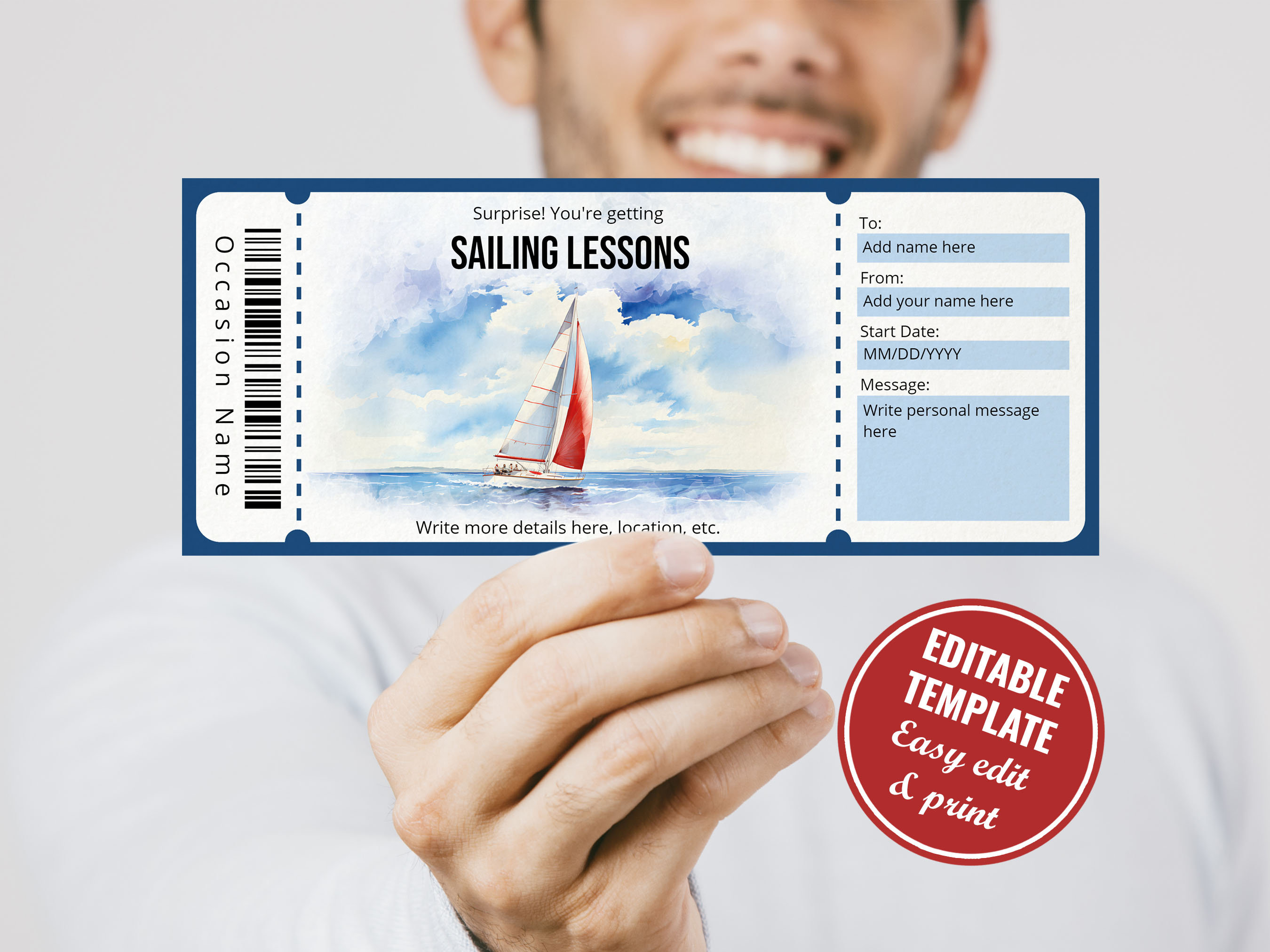 Editable Watercolor Sailing Lessons Gift Certificate Template, Sailing Course Surprise Gift Voucher Reveal Template, Instant Download