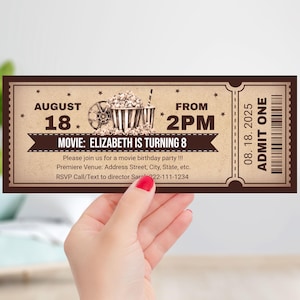 Bearbeitbare Retro Movie Ticket Geburtstagseinladungsvorlage, Digital Movie Theater Geburtstag einladen, Kinokarte, Instant Download