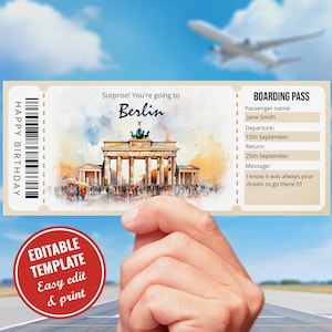 Modelo de cartão de embarque editável de Berlim, bilhete de embarque surpresa aquarela Alemanha, bilhete de avião falso de Berlim, download instantâneo