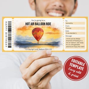 Plantilla única de certificado de regalo de globo aerostático personalizable e imprimible: perfecta para él o ella en cumpleaños, aniversarios y Navidad.