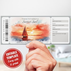 Editable Watercolor Sunset Sailing Ticket Template, Surprise Sailing Trip Gift Voucher Template, Instant Download