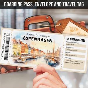 Pode incluir: Um cartão de embarque imprimível com uma ilustração em aquarela de Copenhague, Dinamarca. O texto diz "Surpresa! Você está indo para Copenhague." e "Feliz aniversário". O cartão de embarque também inclui uma seção para o nome do passageiro, a data de partida, a data de retorno e uma mensagem.