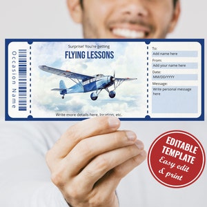 May include: A blue and white printable ticket template for flying lessons. The ticket features a watercolour illustration of a small plane flying in the sky. The text on the ticket reads "Surprise! You're getting FLYING LESSONS".