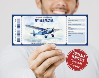 Editable Watercolor Flying Lessons Gift Voucher Template, Surprise Flight Lessons Gift Coupon Template, Instant Download