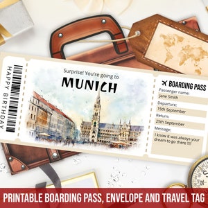 Plantilla editable de tarjeta de embarque de Múnich, regalo personalizado, billete de avión de Múnich imprimible, viaje a Alemania con sobre, descarga digital.